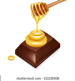 chocolate piece with honey and dipper isolated