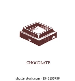Chocolate piece with nuts. Vector vintage illustration.