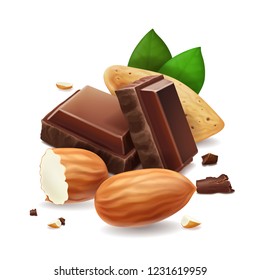 Chocolate pieces with almonds nuts. Vector illustration