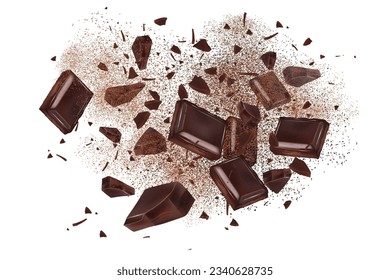 Chocolate of pieces with cocoa powder splashing in the middle isolated on white background, Vector realistic in 3d illustration.