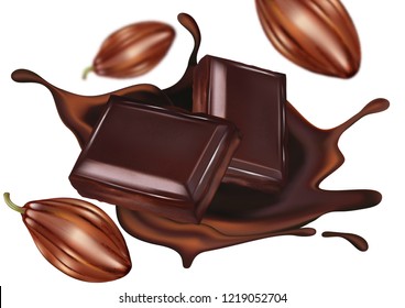 Chocolate of pieces with cocoa seeds and liquid splashing isolated in middle on solid color background. Realistic vector 3d illustration, Of free space for your copy and branding.