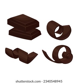 Chocolate pieces and dark chocolate curls, shavings. Vector illustration.