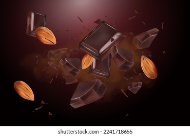 Chocolate of pieces explosion and splashing in the middle isolated on solid color background, Vector realistic in 3d illustration.