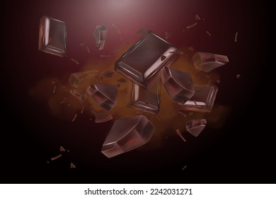 Chocolate of pieces explosion and splashing in the middle isolated on white background, Vector realistic in 3d illustration.