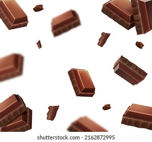 Chocolate pieces falling, blurred cocoa chunks . Defocusing milk chocolate bar blocks Realistic Vector illustration.