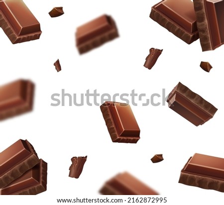 Chocolate pieces falling, blurred cocoa chunks . Defocusing milk chocolate bar blocks Realistic Vector illustration.