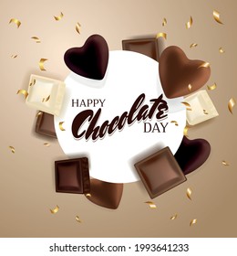 Chocolate pieces and chocolate hearts. Chocolate title. Golden confetti. Happy world chocolate day.  7 july