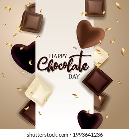 Chocolate pieces and chocolate hearts. Chocolate title. Golden confetti. Happy world chocolate day.  7 july