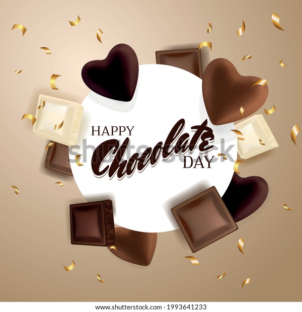 Chocolate pieces and\
chocolate hearts. Chocolate title. Golden confetti. Happy world\
chocolate day.  7\
july
