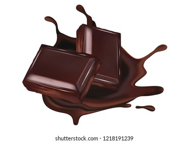 Chocolate of pieces with liquid splashing isolated on white background. Realistic vector 3d illustration, Of free space for your copy and branding.