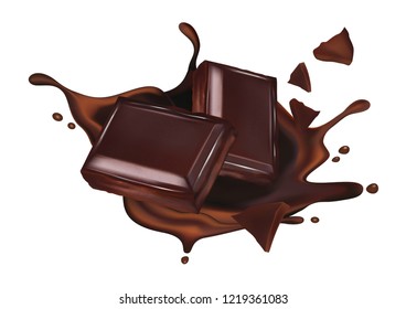 Chocolate of pieces with liquid splashing isolated in middle on white background. Realistic vector 3d illustration, Of free space for your copy and branding.