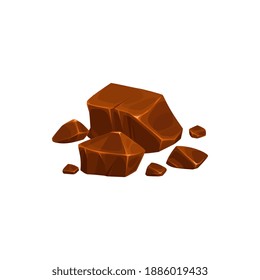 Chocolate pieces, lumps and broken blocks, candy vector isolated icon. Bitter dark or milk chocolate broken blocks and lump pieces, cocoa or cacao food sweet bites and confection desserts