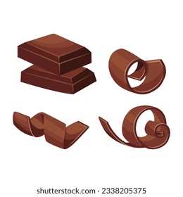 Chocolate pieces and milk chocolate curls, shavings. Vector illustration