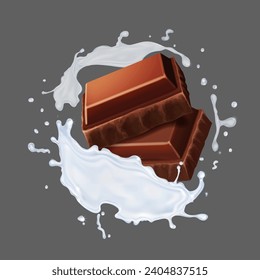Chocolate pieces and milk splash. Realistic 3d vector illustration