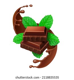 Chocolate pieces and mint leaves isolated. Cocoa or chcocolate splash with minty taste. 3d vector realistic