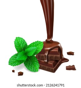 Chocolate pieces and mint leaves, Liquid cocoa or chocolate and pepermint vector 3d realistic illustration.