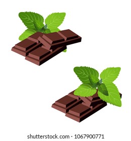 Chocolate pieces and mint leaves vector illustration