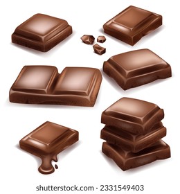 Chocolate. Pieces, shavings. 3D realistic vector set, horizontal and vertical splash of chocolate