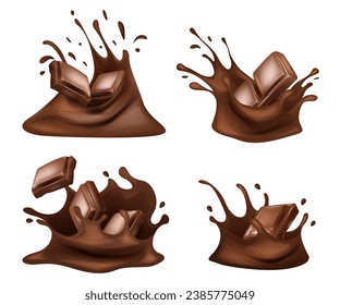 Chocolate. Pieces, shavings. 3D realistic vector set, horizontal and vertical splash of chocolate