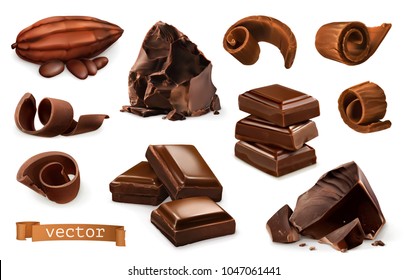 Шоколад. Куски, стружка, какао фрукты. 3d реалистичный векторный набор иконок