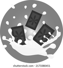 Chocolate pieces with splashes, drops of white chocolate in retro gray tones. 3d vector food objects