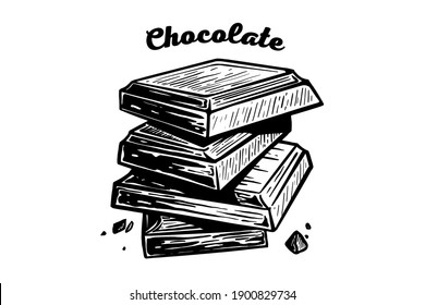 Chocolate pieces vector on a white background in a hand-drawn style. Slices of chocolate illustration