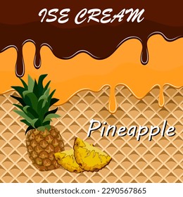 Chocolate pineapple ice cream.Vector illustration with chocolate pineapple ice cream on waffle background.