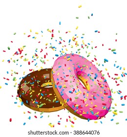 Chocolate and Pink Donuts with Sprinkles and Glaze Isolated on White. Lowpoly Vector Illustration.