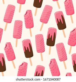 Chocolate and pink fruit ice cream with berry filling. Seamless pattern. Vector illustration on light beige background for advertising, decoration, packaging, flyer, banner.  