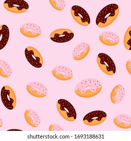 Chocolate and pink glaze donats seamless pattern. Doughnuts backdrop on pink background. Design for menu design, cafe decoration, delivery box, package. Vector illustration