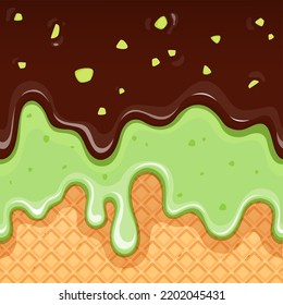 Chocolate pistachio ice cream and waffle seamless pattern, vector background. Sweet ice cream melting pattern, dessert food in waffle cone with chocolate choco drips or flow drops and pistachio