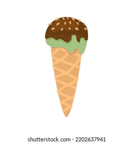 Chocolate pistachio icecream waffle horn flat. Juicy fresh choco nut summer print icon ad decor kid holiday sweet dessert template menu modern handmade sticker label business craft isolated