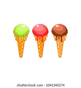 Chocolate, pistachio and strawberry ice cream in a waffle cup. A set of sweet confectionery. Dessert. Isolated icon. Vector


