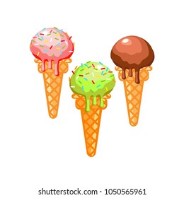 Chocolate, pistachio and strawberry ice cream in a waffle cup. A set of sweet confectionery. Dessert. Isolated icon. Vector

