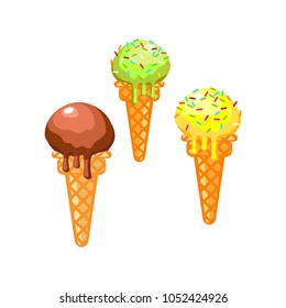 Chocolate, pistachio and strawberry ice cream in a waffle cup. A set of sweet confectionery. Dessert. Isolated icon. Vector


