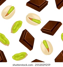 Fondo de Vector de chocolate y pistachos. Pedazos de barra de chocolate negro y nueces sin patrón. Ilustración plana de dibujos animados.