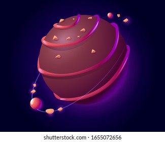 Chocolate planet in outer space. Vector cartoon funny art of sweet food planet, sphere with chocolate candy texture in cosmos. Illustration for gui of fantasy game about tasty galaxy world