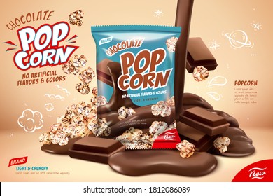 Chocolate popcorn ad, pouring liquid chocolate on popcorns and chocolate pieces design element in 3d illustration