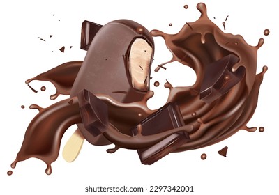 Polvo de chocolate y barra de chocolate salpicando en el medio aislado sobre fondo blanco, Vector realista en ilustración 3d. Conceptos alimentarios.