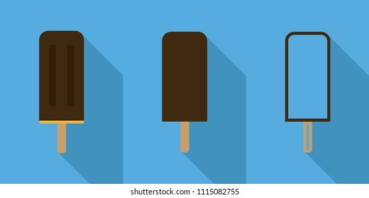 Chocolate popsicle in different formats increasingly simplified. Flat design style. Long shadow.