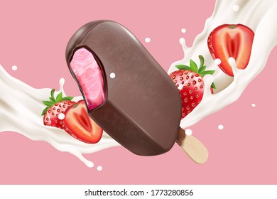 Chocolate popsicle with milk liquid splashing in the middle isolated on solid color background. Vector realistic in 3d illustration.