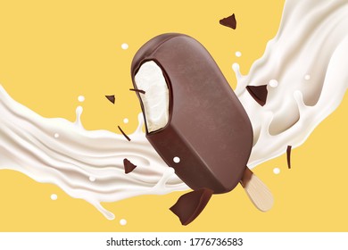 Chocolate popsicle with milk splashing in the middle isolated on solid color background. Vector realistic in 3d illustration.