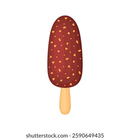 Chocolate popsicle with nut topping. Isolated ice cream. Vector