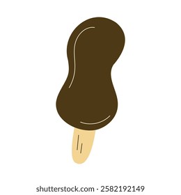 Chocolate Popsicle on Stick. Doodle Ice Cream. Cold summer dessert with dark glaze. Frozen sweet food. Delicious milky sweetness. Isolate on white background. Color childish image. Vector illustration