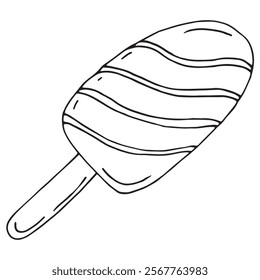 chocolate popsicle on a stick, ice cream, vector black and white doodle element, coloring book, cute design element