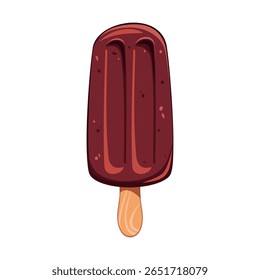 Chocolate popsicle on a wooden stick. Summer cold dessert, ice cream. Vector illustration.
