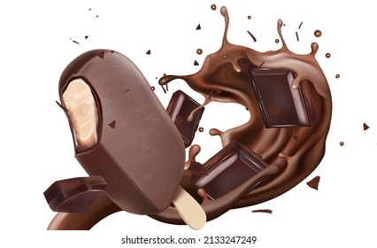 Chocolate popsicle splashing in the middle isolated on white background, Vector realistic in 3d illustration.