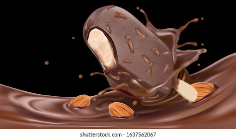 Chocolate popsicle with chocolate splashing in the middle. Vector realistic in 3d illustration. Food concept.
