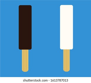 Chocolate Popsicle of two varieties of black and white chocolate on a blue background. Flat vector illustration.