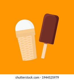 Chocolate popsicle and white ice cream in a glass on an orange background